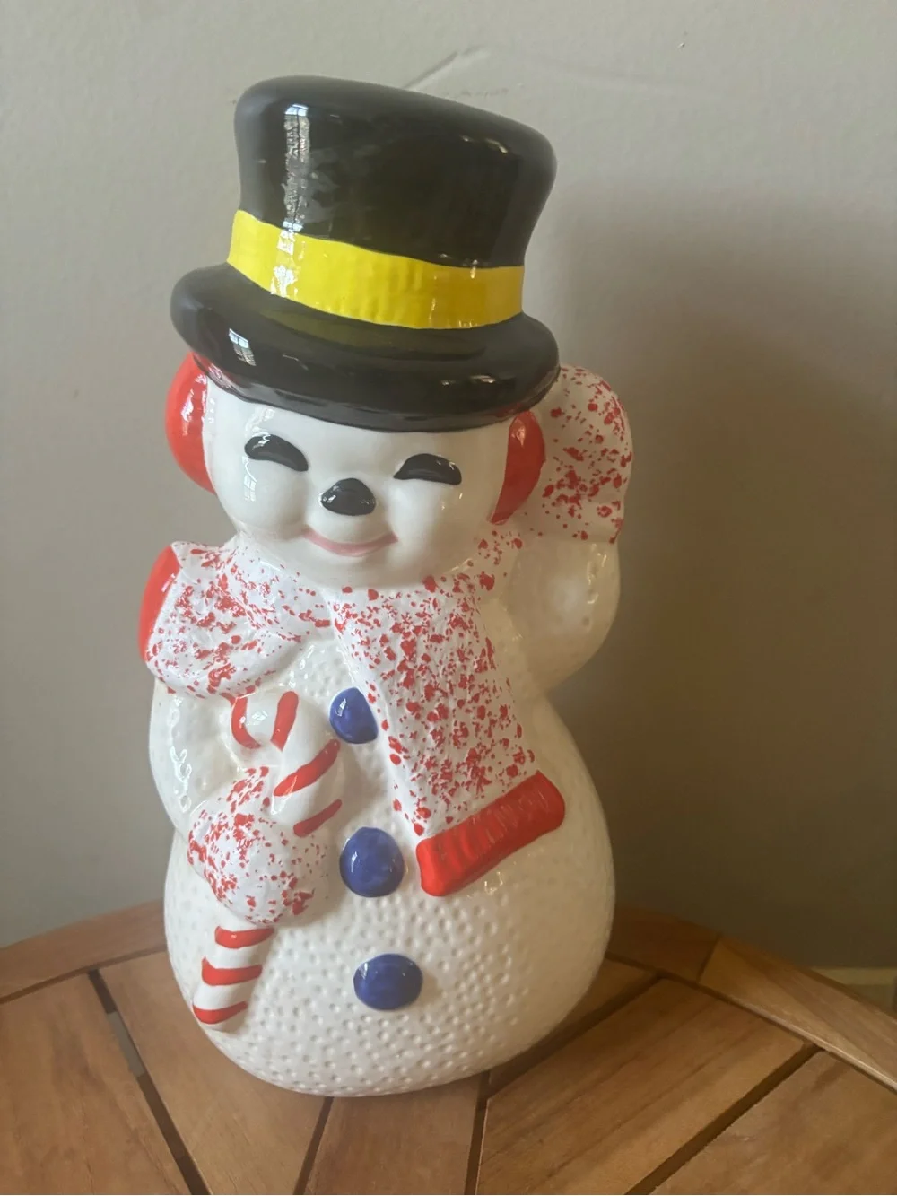 Vintage Snowman Candy Cane Ceramic Sugar Mold Figurine 12”x6” Hand Painted MCM